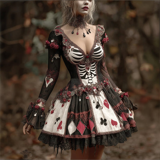 Comstylish Halloween Clunt Rib Cage Poker Colorblock Bloody Roses Mini Dress