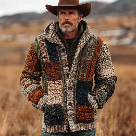 Men's Vintage Western Plaid Colorblock Knit Hooded Cardigan artswardrobe