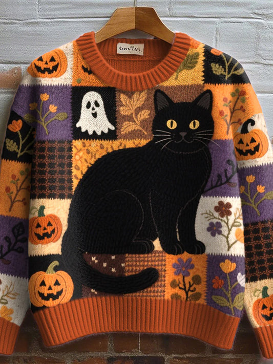 Comstylish Women's Halloween Inspired Cat Embroidered Cozy Knit Sweater