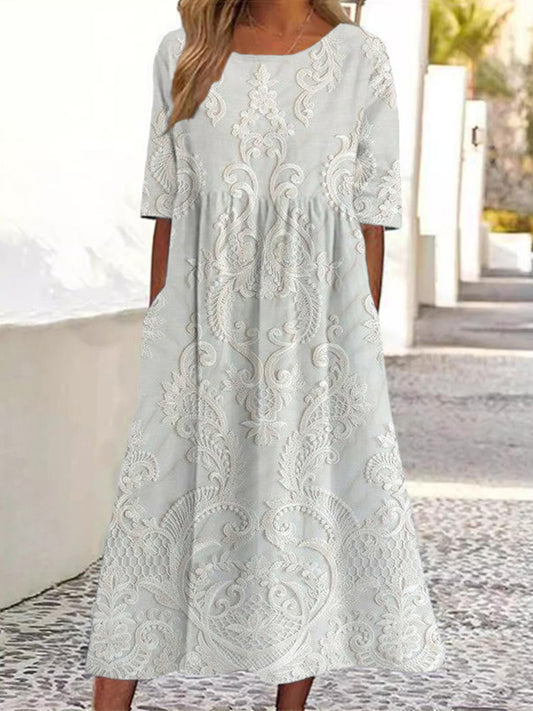 Vintage Crew Neck Lace Linen Blend Maxi Dress artswardrobe