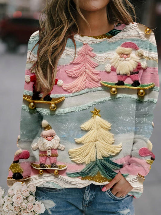 Comstylish Vintage Skateboard Santa Embroidered Cozy Sweatshirt