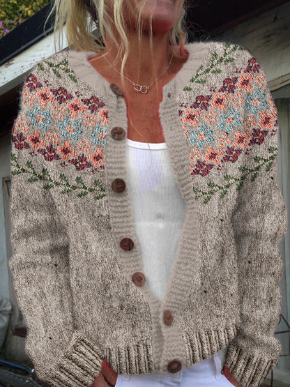 Vintage Icelandic Floral Art Print Cozy Button Sweater elevenforest