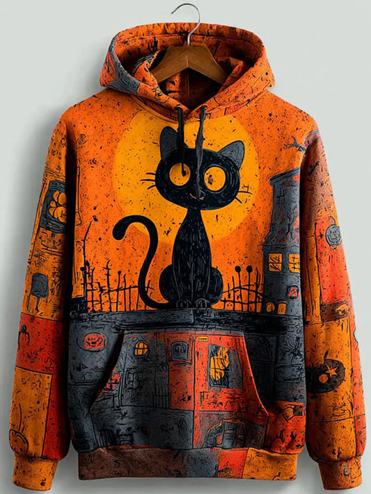 Vintage Halloween Patchwork Black Cat Print Art Casual Hoodie elevenforest