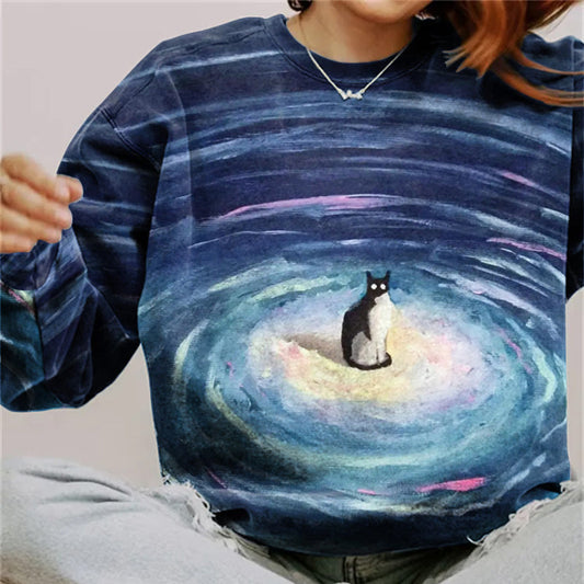 Starry Sky Cat Print Round Neck Long Sleeve Sweatshirt elevenforest