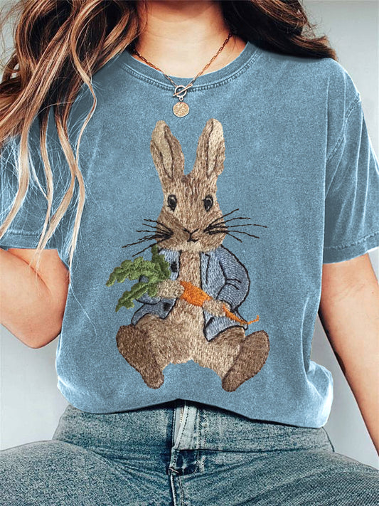 Cute Bunny Embroidery Pattern Casual T-Shirt artswardrobe