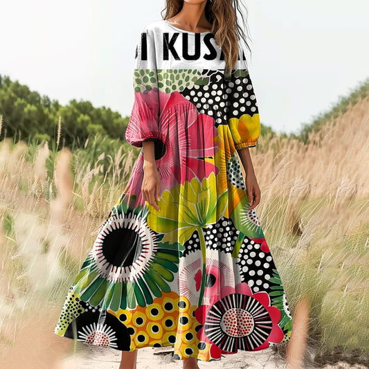 Women's Abstract Floral Pattern Art Print Cotton Crew Neck Dress