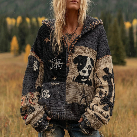 Halloween Dog Patchwork Stitched Cozy Knit Hoodie elevenforest