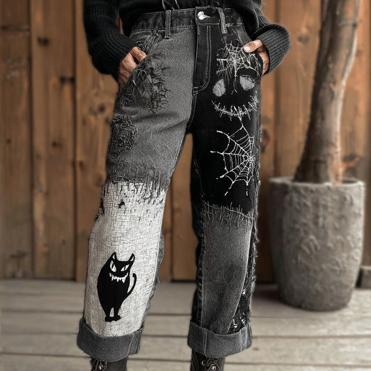 Women's Halloween Black Cats And Spooky Face Embroidery Vintage Washed Jeans elevenforest