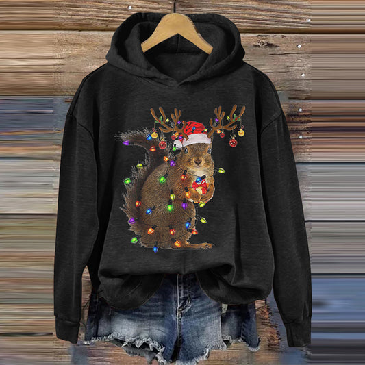 Comstylish Christmas Squirrel Lights Print Hoodie