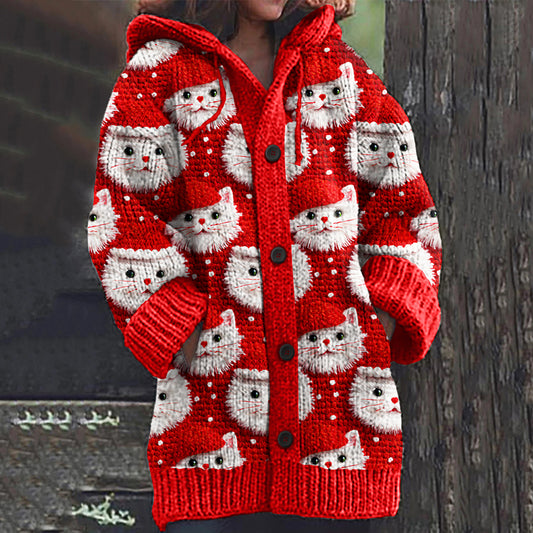 Comstylish Vintage Christmas Cat Embroidery Knitted Warm Cardigan Sweater