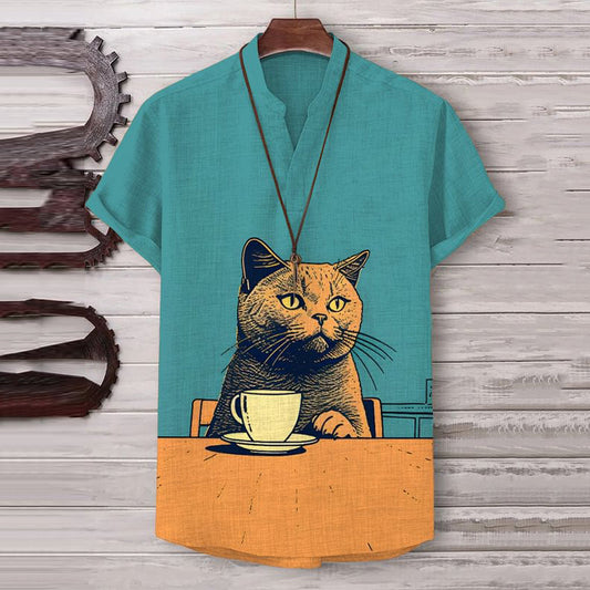 Men's British Short Hair Cat Chilling With Coffee Print Cotton And Linen V Neck T-Shirt elevenforest