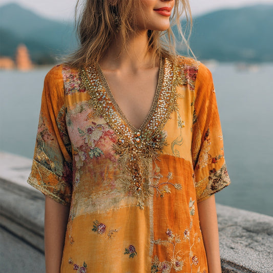 Vintage Floral Patchwork V Neck Comfy Linen Shirt artswardrobe