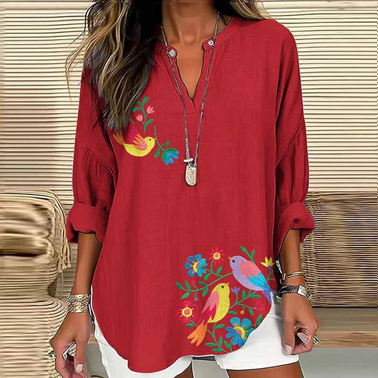 Comstylish Women's Vintage Floral And Bird Art Embroidery V-neck Shirt
