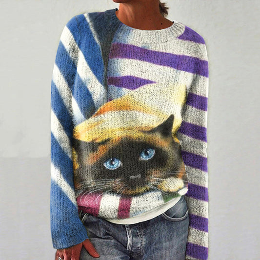Vintage Lazy Kitten Stripe Stitching Art Graphics Crew Neck Cozy Sweater elevenforest