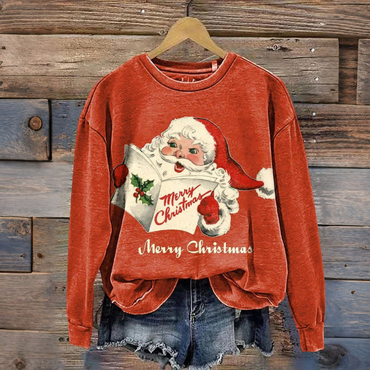 Comstylish Women's Vintage Christmas Santa Claus Print Crew Neck Casual Sweatshirt