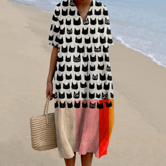 Vintage Colorful Cat Art Linen Blend Maxi Dress elevenforest