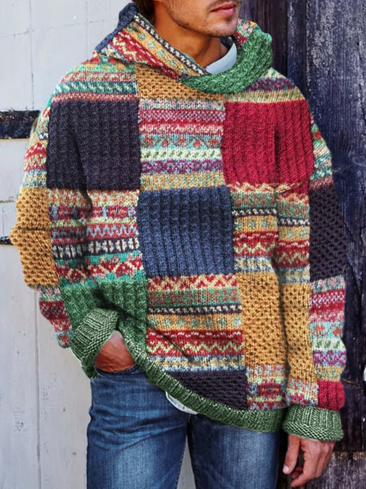 Men's Colorful Aztec Cable Knit Patchwork Cozy Hooded Sweater elevenforest