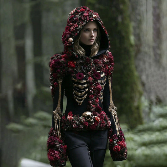 Women's Vintage Rose And Skull Casual Hooded artswardrobe