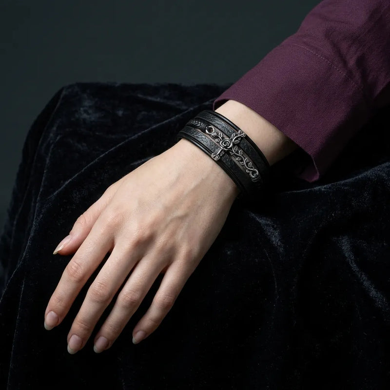 Men's Black Leather Braid Rose Vine Cross Clasp Bracelet