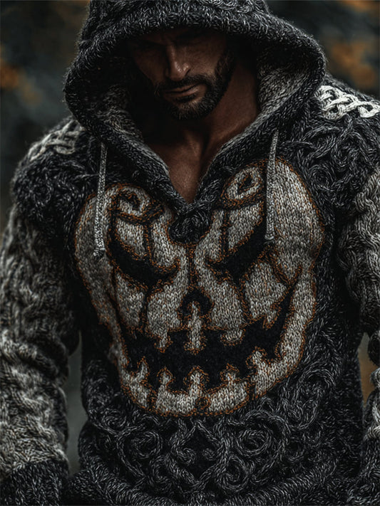 Men's Halloween Pumpkin Face Celtic Hooded Cozy Chunky Sweater elevenforest