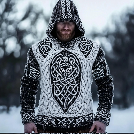 Retro Wolf Inspired Viking Celtic Jacquard Chunky Hooded Sweater elevenforest