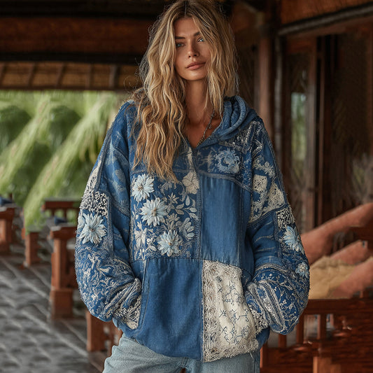 Comstylish Vintage Bohemian Floral With Japanese Traditional Sashiko Patchwork Art Embroidery Inspired Washed Hoodie