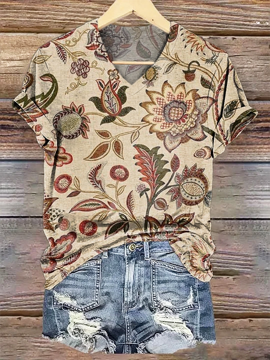 Women's Vintage Folk Flowers Print V-neck Casual T-Shirt