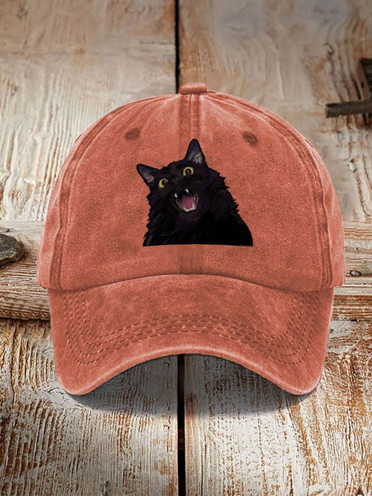 Japanese Art Black Cat Print Washed Hat elevenforest