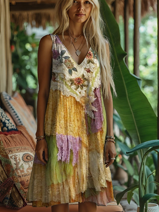 Lace Floral Vintage Multi-layer Art Women's Linen Vest Dress artswardrobe