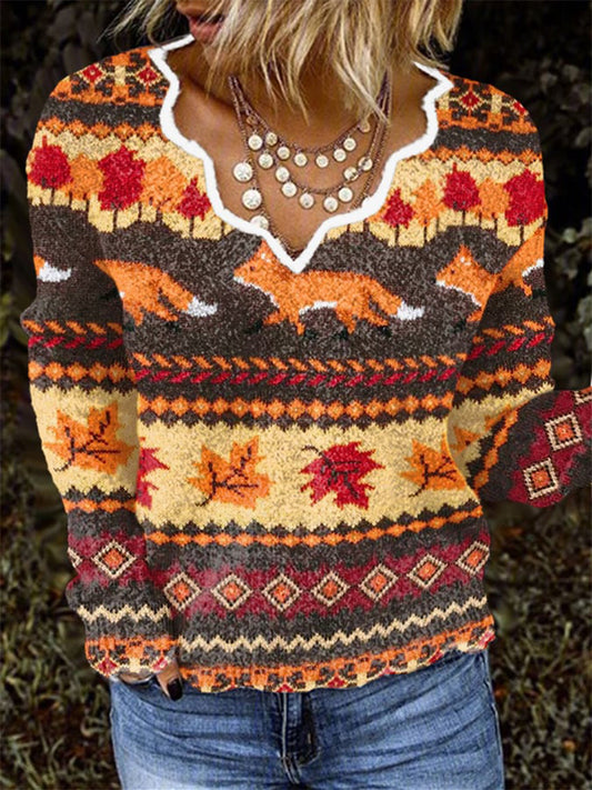 Women's The Fox And Foliage Casual Printed Knit Top artswardrobe