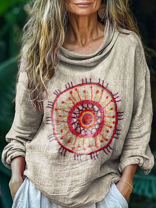 Women's Vintage Textured Art Print Casual Stacked Lapel Long Sleeve Co