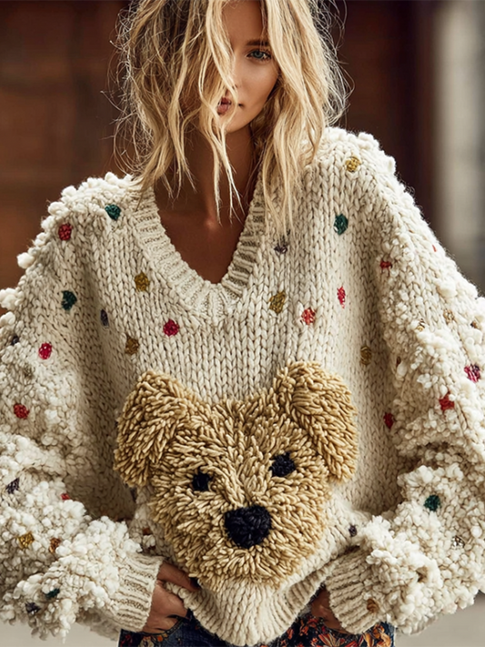 Lady Retro Cute Dog Plush Comfortable Knitted Sweater. artswardrobe
