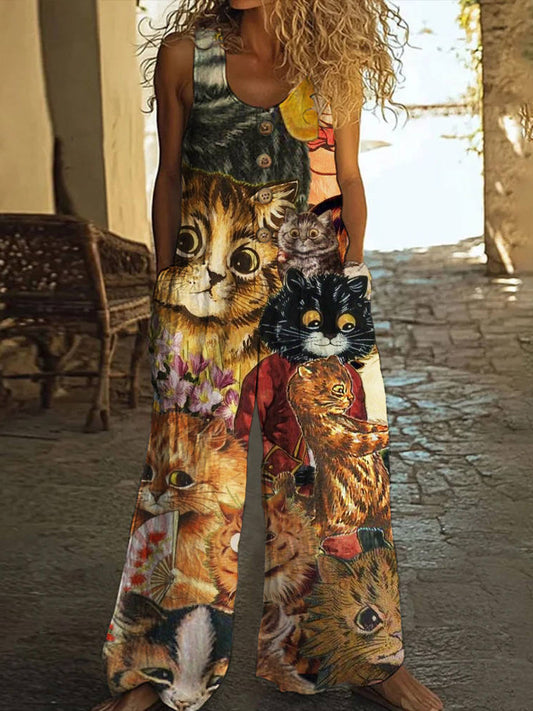 Comstylish Vintage Cat Print Women's Linen Vest Jumpsuit