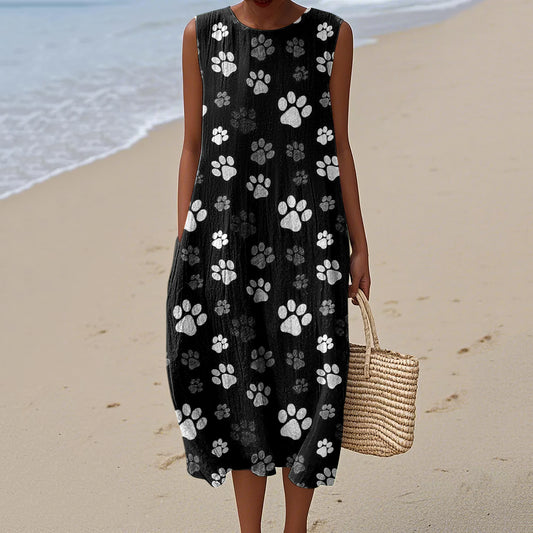 Women's Dog Art Print Cotton And Linen Dress artswardrobe