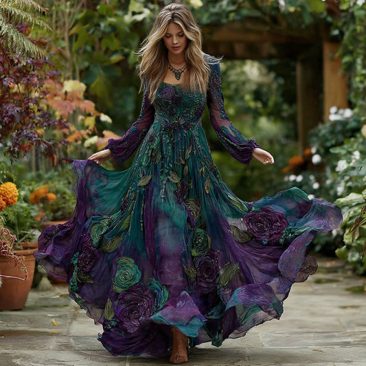 Comstylish Women's Vintage Purple Floral Gradient Pattern Elegant Round Neck Dress
