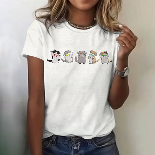 Women's Retro Funny Cat Art Graphic T-shirt elevenforest