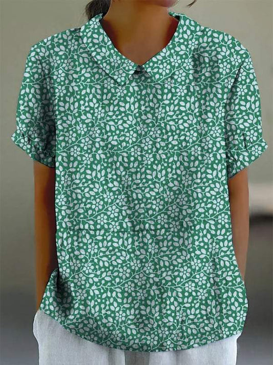 Women's Small Green Flowers Print Casual Cotton And Linen Shirt