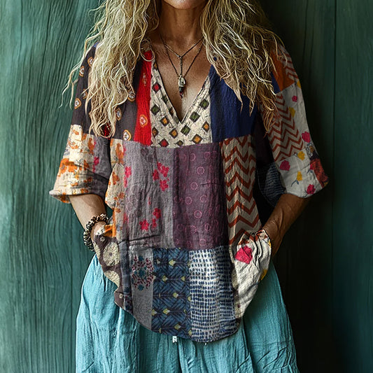 Vintage Boho Patchwork Art Print Short Sleeve V-neck Shirt artswardrobe