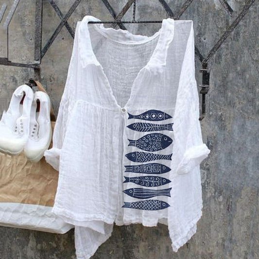 Comstylish Vintage Japanese Art Fish Linen V Neck Button Comfy Shirt