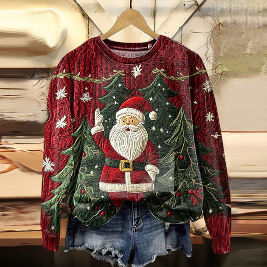 Comstylish Vintage Christmas Santa Claus Print Crew Neck Casual Sweatshirt