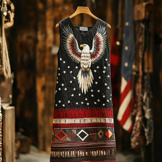 Women's Eagle And Tribal Pattern Cotton And Linen Short Dress artswardrobe