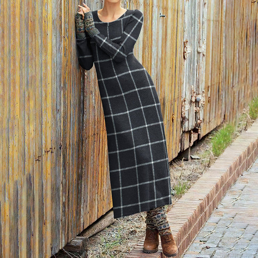 Plaid Crew Neck Long Sleeve Wool Midi Dress elevenforest