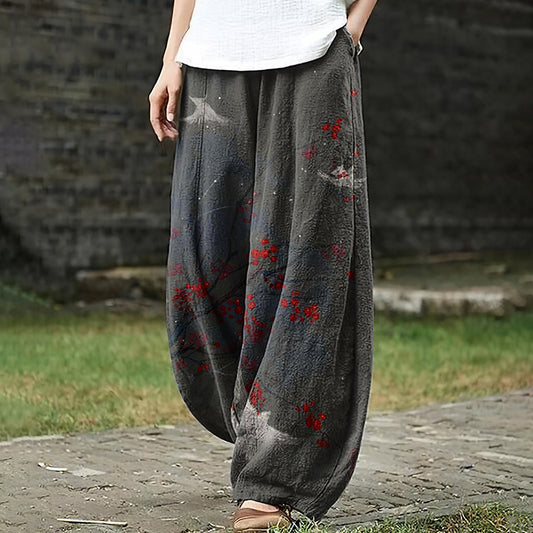 Comstylish Women's Japanese Art Red Plum And Birds Pocket Loose Casual Pants