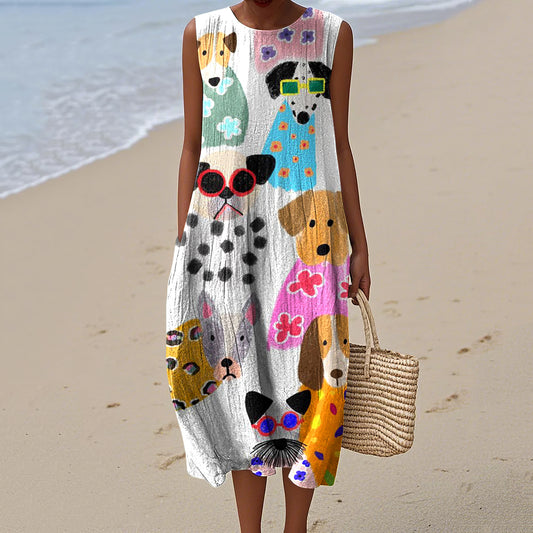 Women's Cute Dogs Art Print Sleeveless Dress artswardrobe