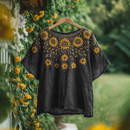 Women's Bohemian Retro Sunflower Round Neck T-shirt artswardrobe