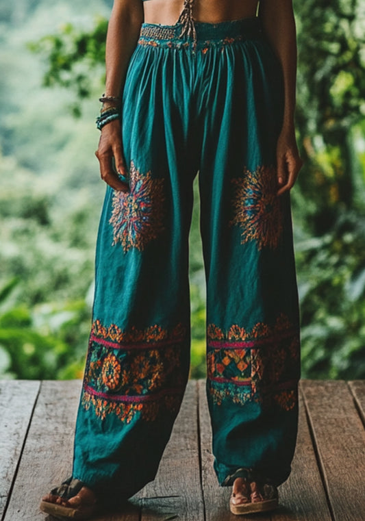 Summer Holiday Floral Embroidered Linen Trousers artswardrobe