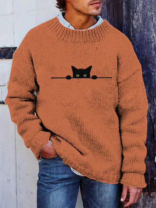 Men's Casual Funny Black Cat Print Sweater elevenforest