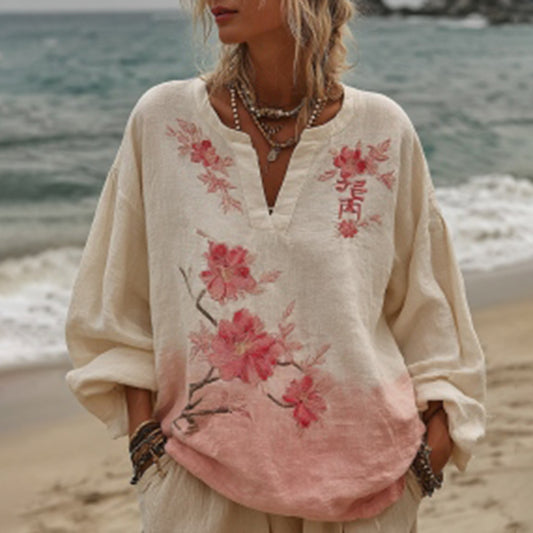 Comstylish Vintage Pink Floral Gradient Pattern Linen Long Sleeve Comfy T-shirt