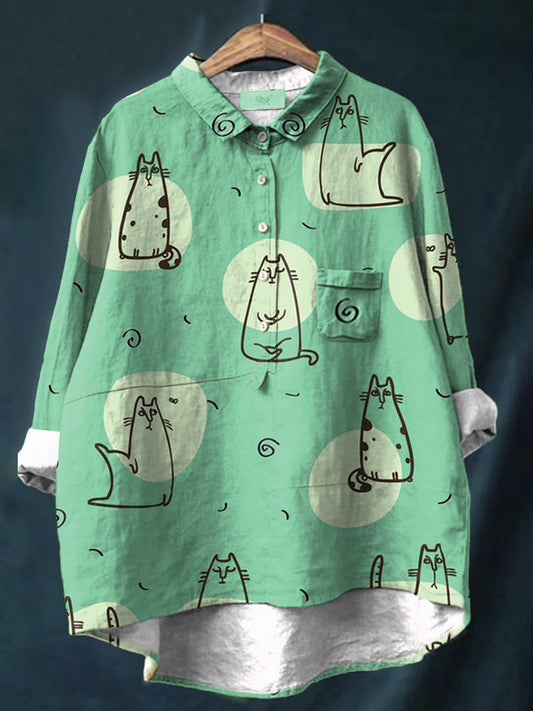 Funny Furry Cat Art Print  Linen Blend Pocket Shirt elevenforest