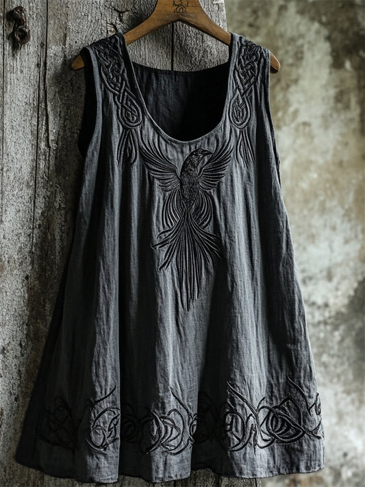 Viking Raven Celtic Embroidered Linen Tank Top artswardrobe